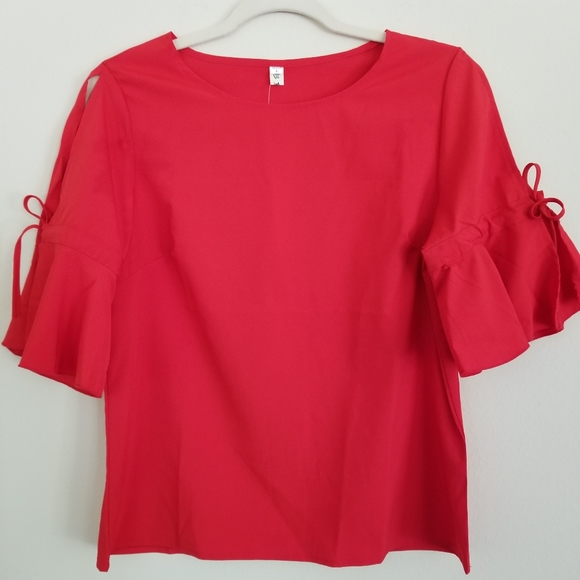 RED BLOUSE WITH BELL TIE SLEEVES - Picture 4 of 7